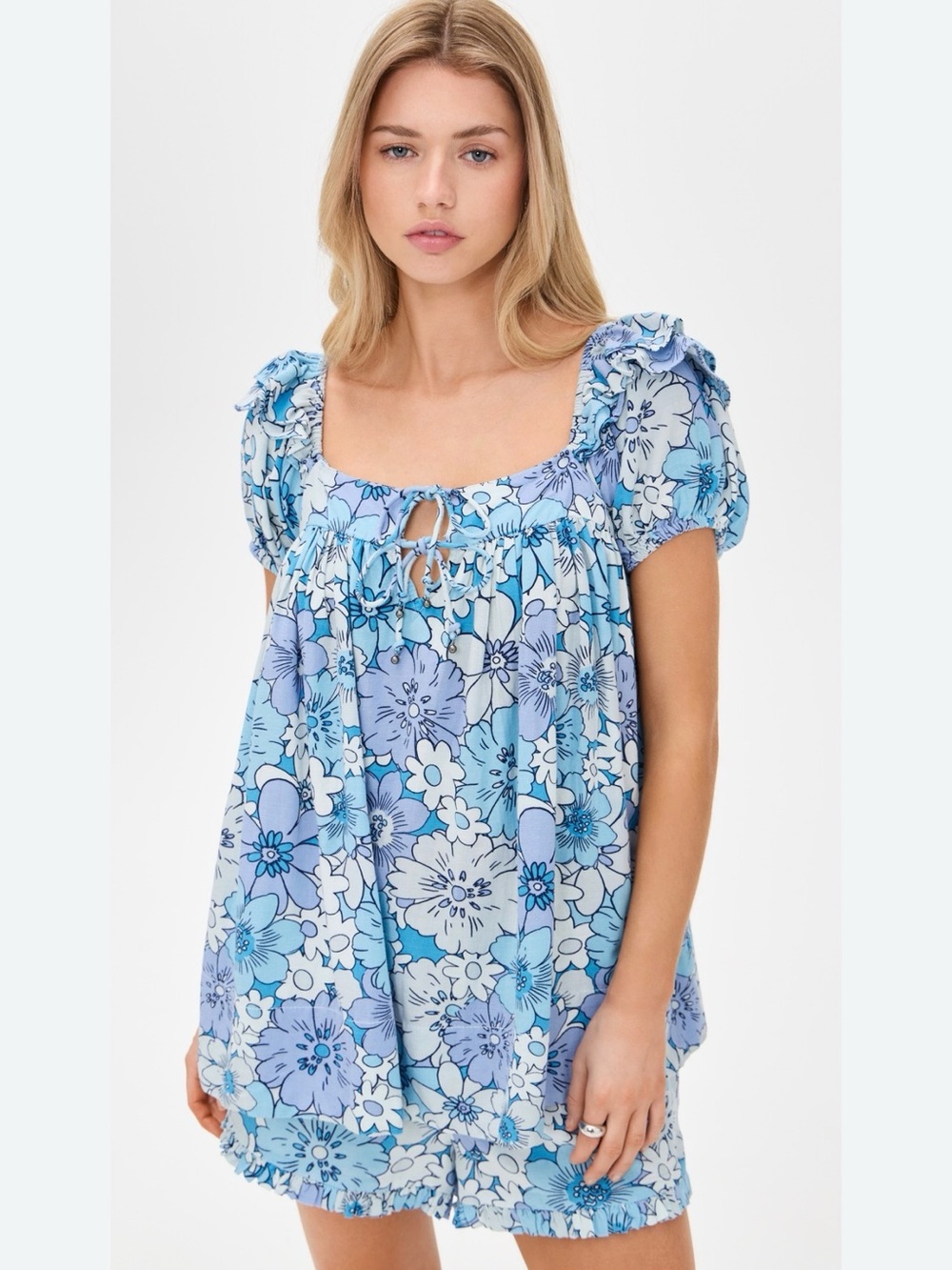 Free People Blue Floral Puff-Sleeve Square Neck Top and Shorts Set